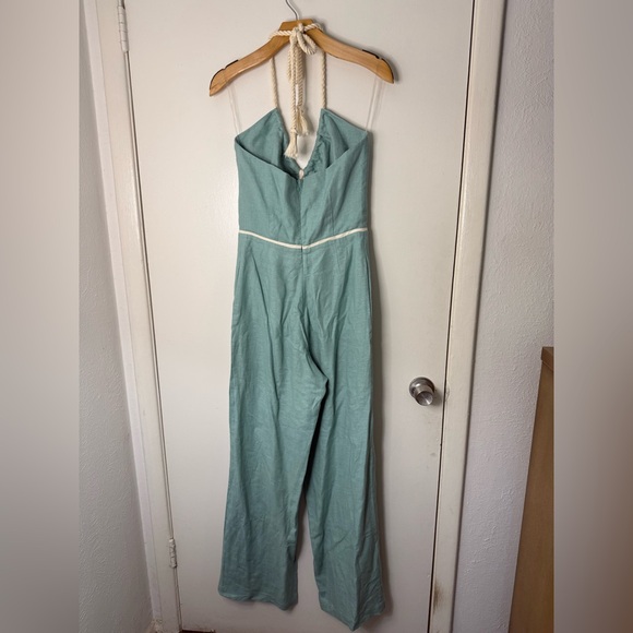 Hevron Cecily mint aqua green linen halter rope tie low back jumpsuit 6 - Picture 3 of 9